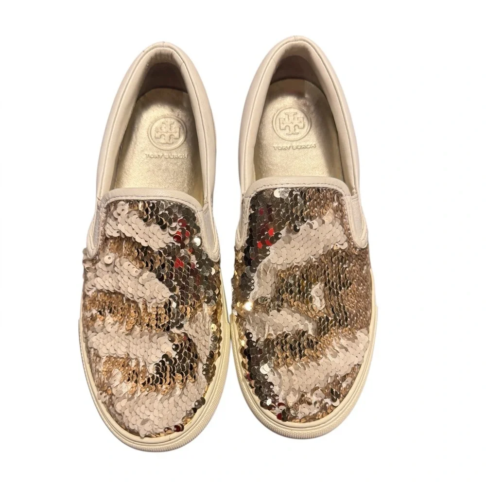 Tory Burch Carter Leather Slip-On Sneaker US 5.5 Sparkle Gold/Snow White $248